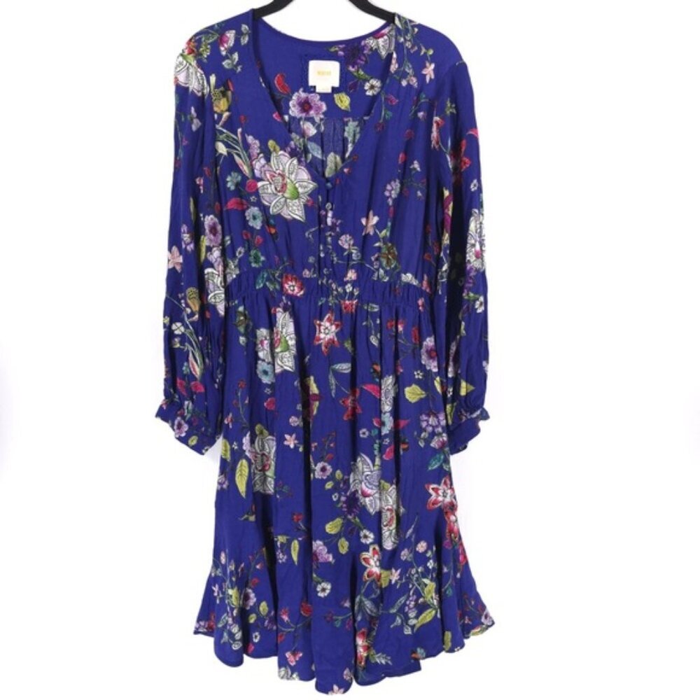 Maeve Anthropologie Maplewood Blue Floral Long Sleeve Button Dress Viscose LARGE